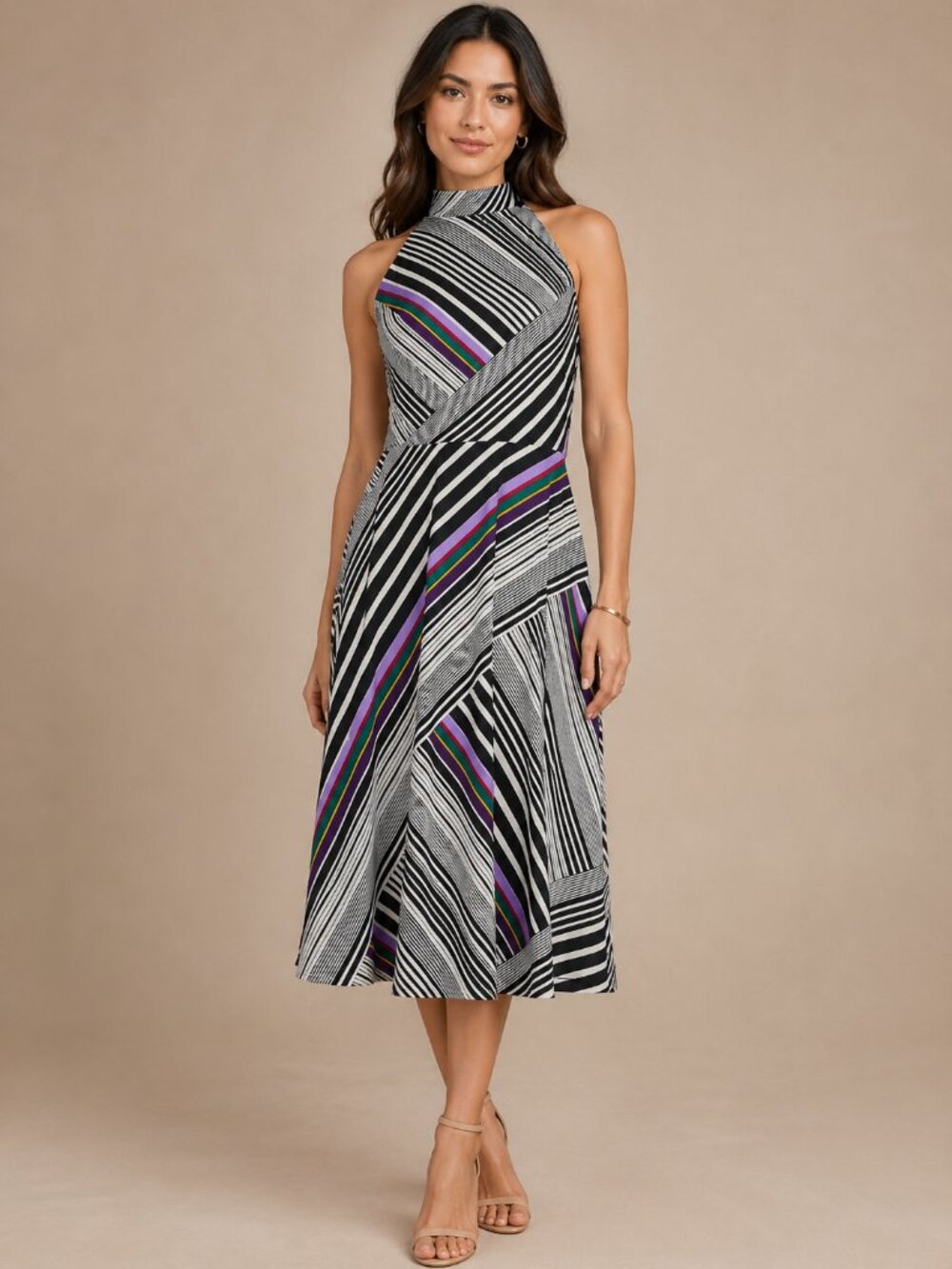 Trina Turk Halter Cocktail Dress Multi Stripe Size 4 - Picture 1 of 7